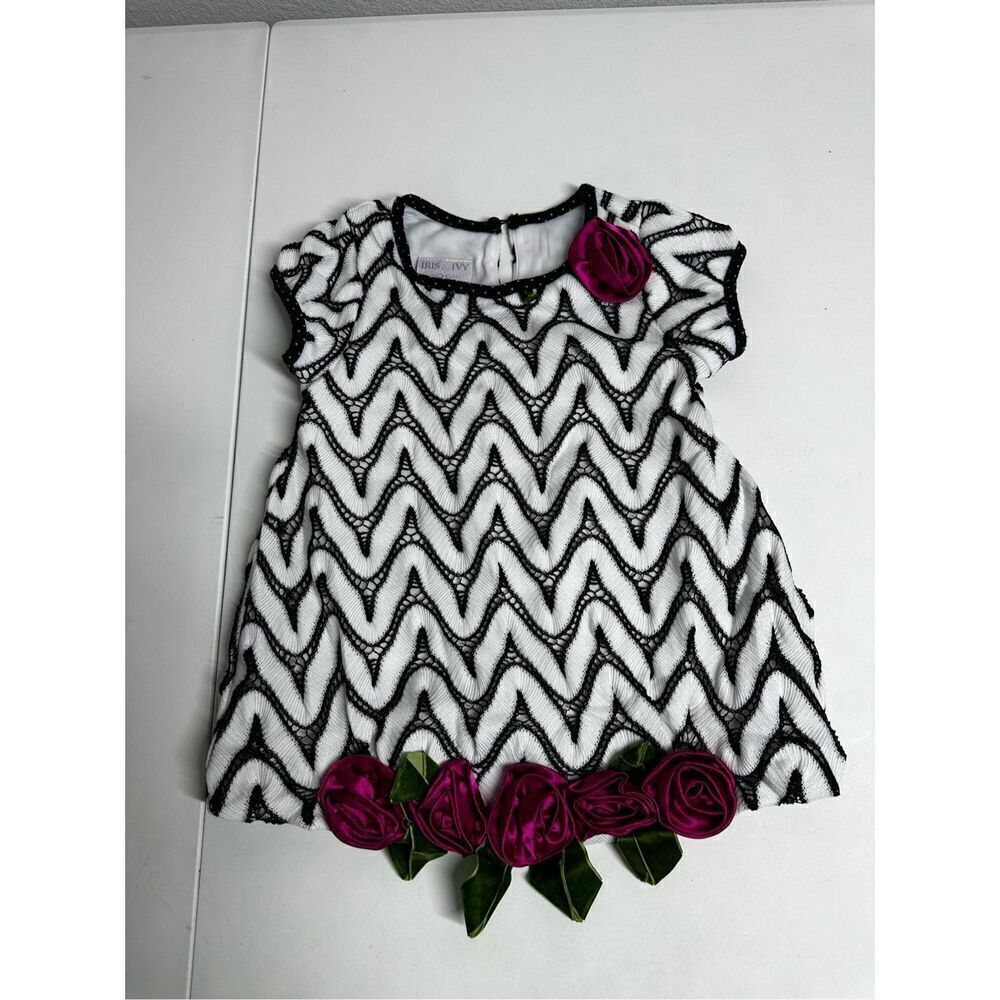 Iris & Ivy Boho Girls Knit Romantic Dress Trim Flowers Black White Pink Size 2T